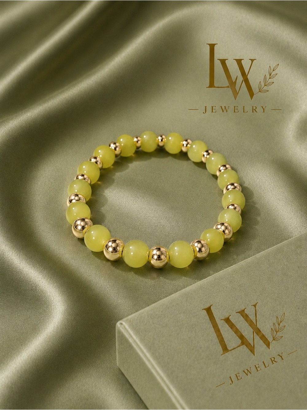 Lime Green Beaded Bracelet with Gold Accents